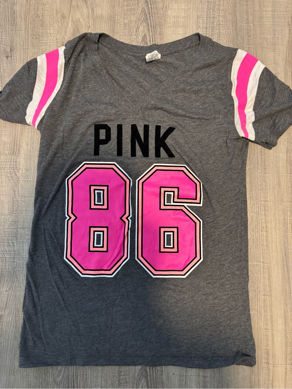 Victoria's Secret Gray Tee with Hot Pink '86 and Sleeve Stripes